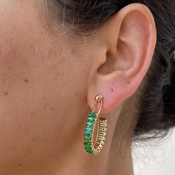 Emerald Earrings Emerald Hoop Earrings Gold Hoop Earrings​​​​​​​​​​​​​​​​​​​​ - Picture 4 of 4